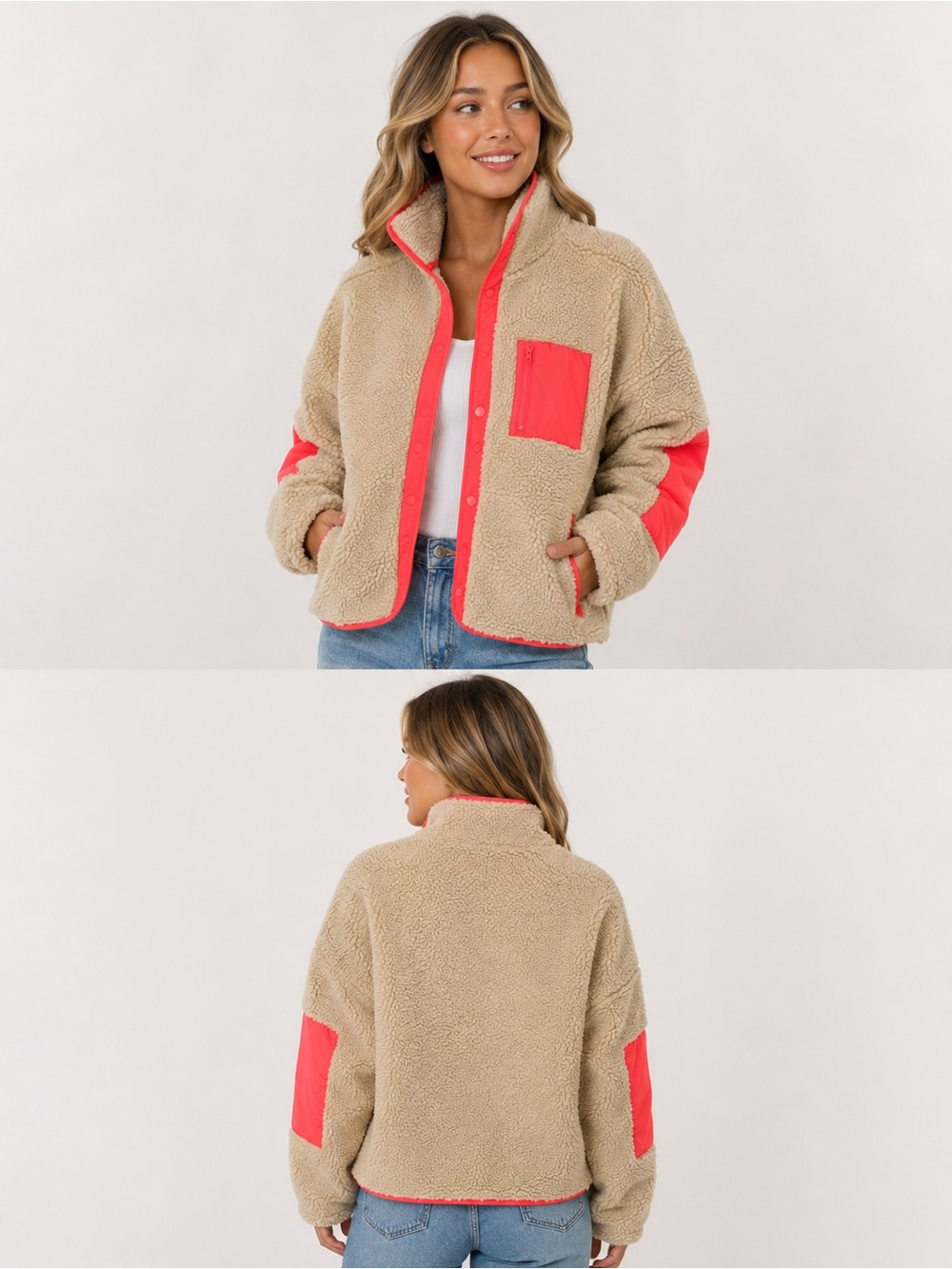 Fabletics Beige Sherpa Jacket with Coral Trim